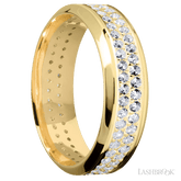 7 mm wide/High Bevel/14K Yellow Gold band with a 2 Row Eternity arrangement of 015 carat Round Diamond stones in a Bead Channel setting